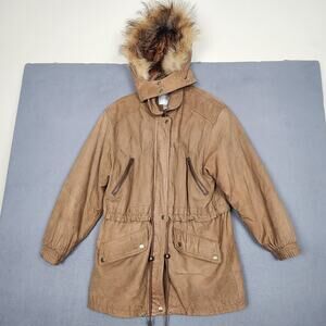 Great Lakes Recreation Jacket Mens Small Brown Leather Fur Hood Parka Coat